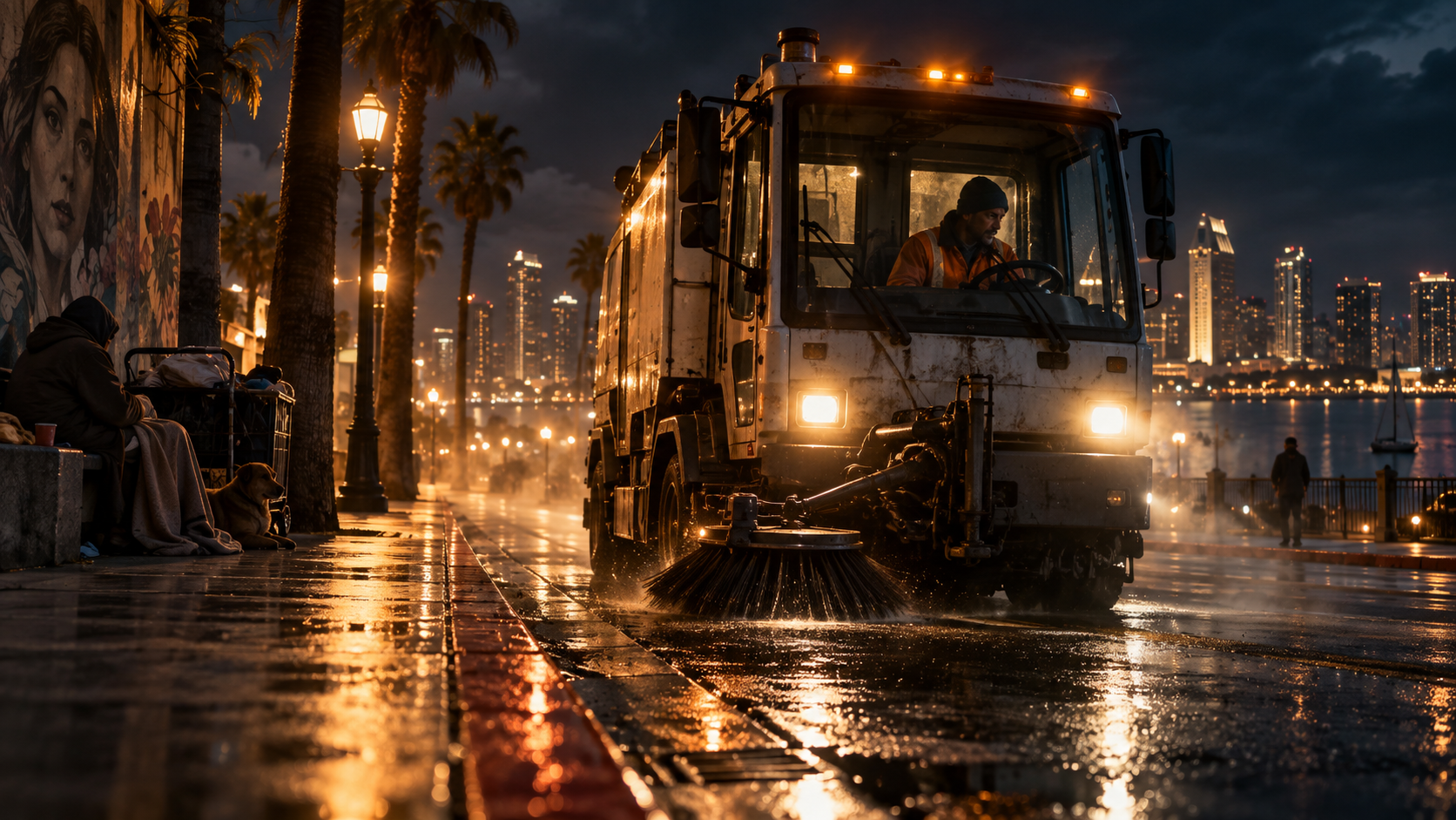 Street sweeper by the bay
